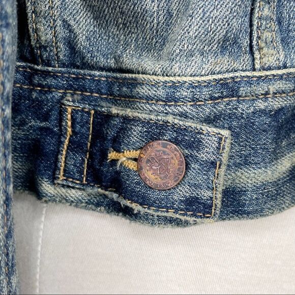 Ralph Lauren Sport Blue Denim Front Zip Trucker Jacket  Distressed Size Small - Picture 9 of 13